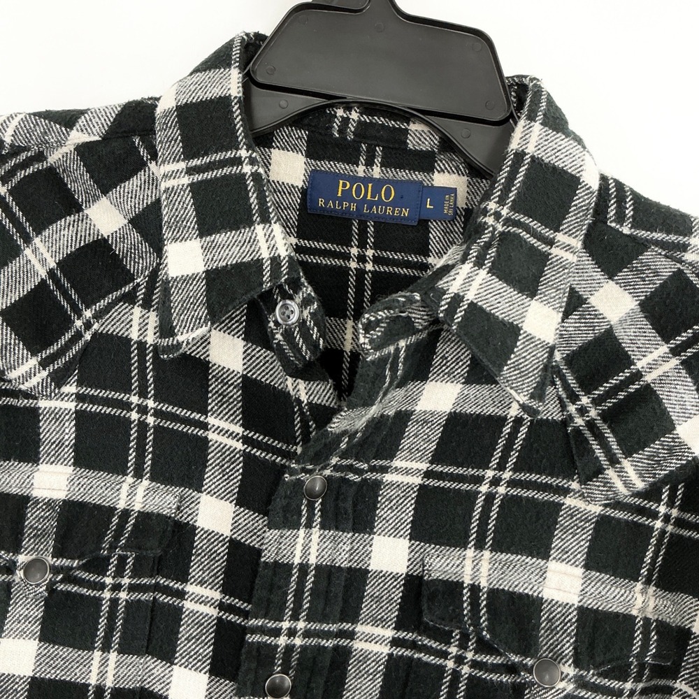Polo Ralph Lauren Men's Large Black White Plaid Flannel Shirt Western Snap